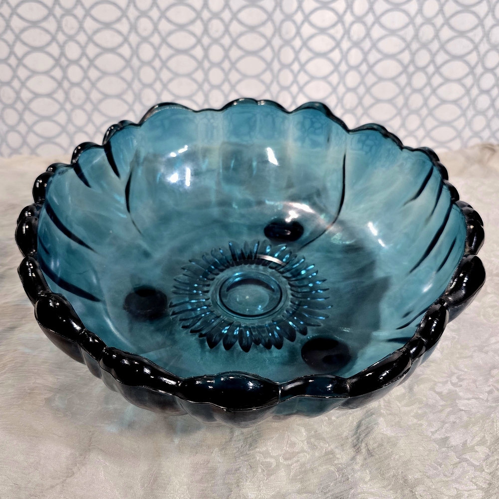 Vintage Teal Blue Art Glass Footed Bowl MCM Console Centerpiece 11”